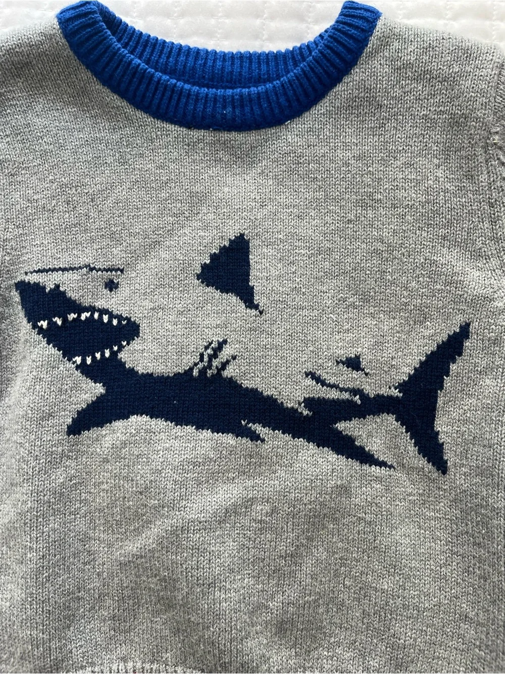 Gray 3T Kids Sweater with Navy Shark and Red Stripe Detail